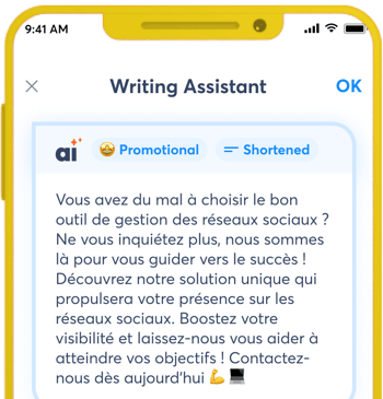 une vue montrant l'application Agorapulse et la fonctionnalité Writing Assistant